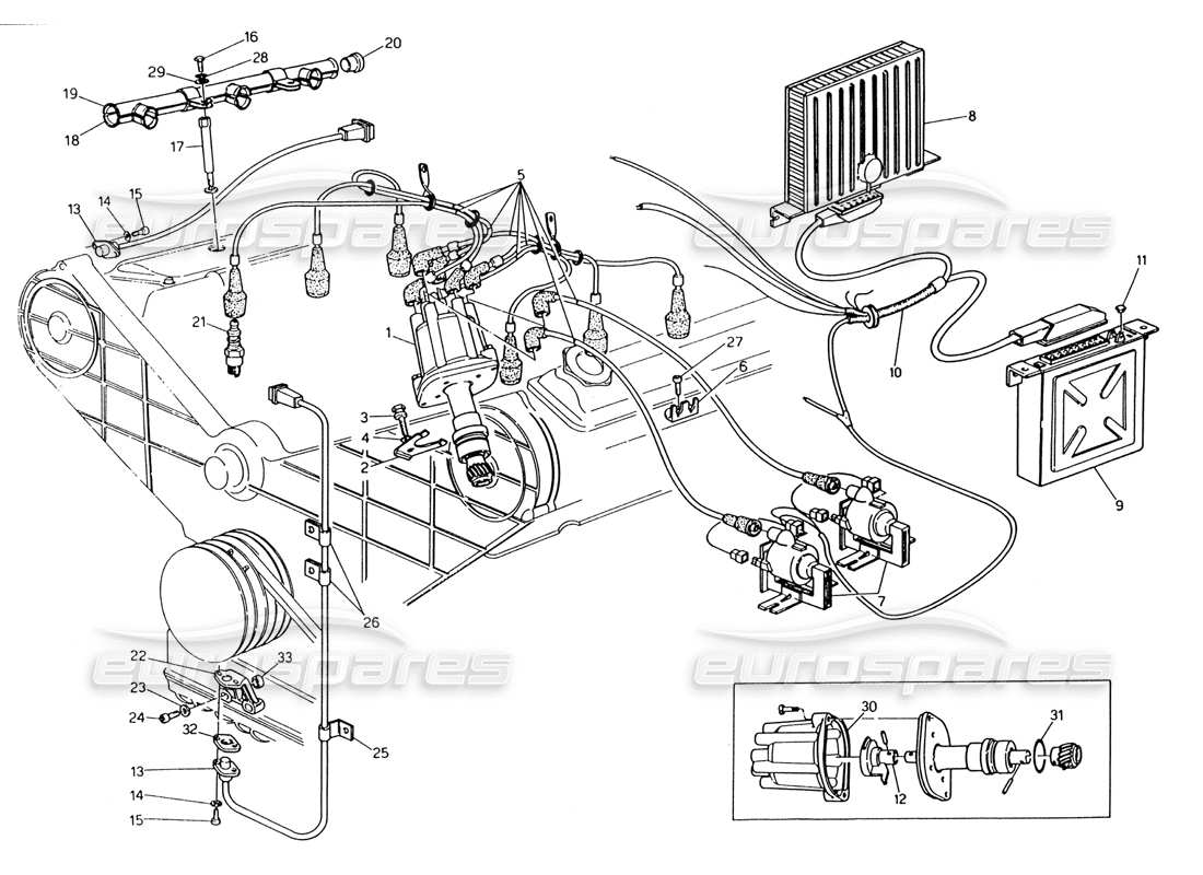 maserati 222 / 222e biturbo sistema de encendido - diagrama de piezas del distribuidor