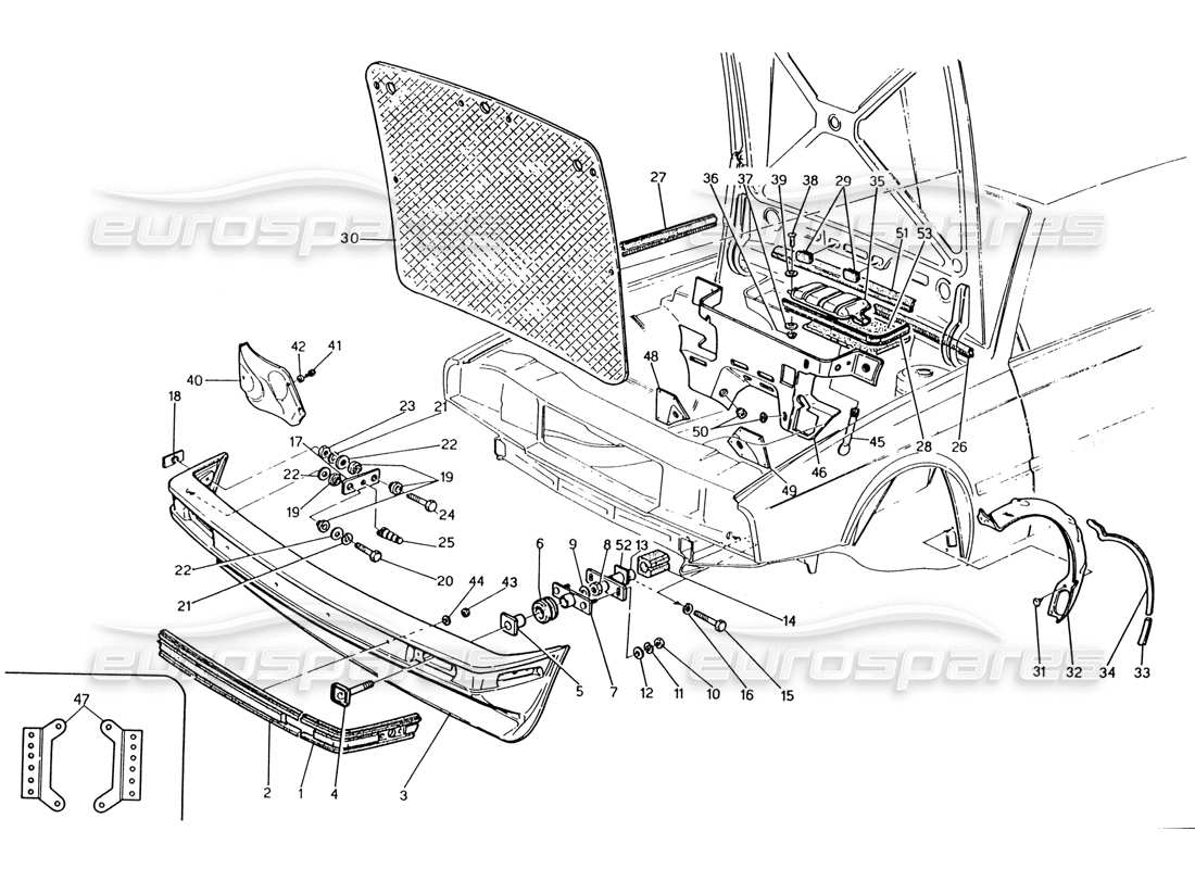 maserati 222 / 222e biturbo diagrama de piezas del parachoques delantero y fieltros insonorizados