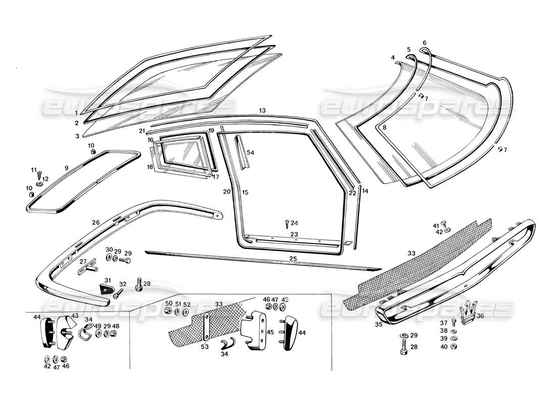 maserati ghibli 4.7 / 4.9 diagrama de piezas de parachoques y cristales