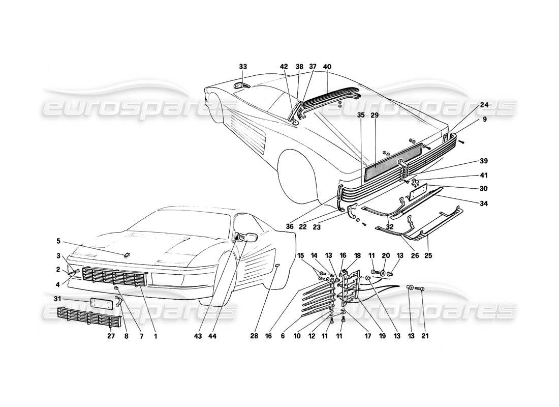 ferrari testarossa (1987) acabado externo diagrama de piezas