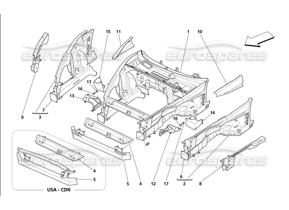 maserati 4200 gransport (2005) diagrama de piezas de la estructura frontal