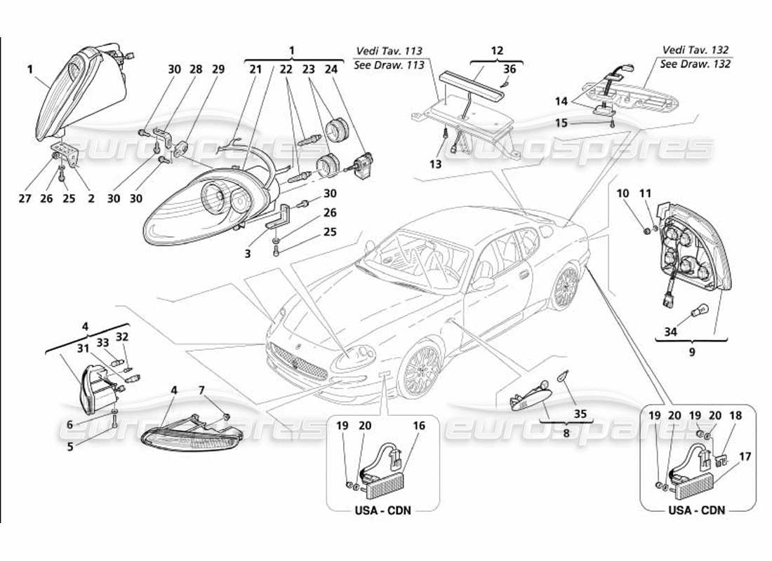 maserati 4200 gransport (2005) diagrama de piezas de las luces delanteras y traseras