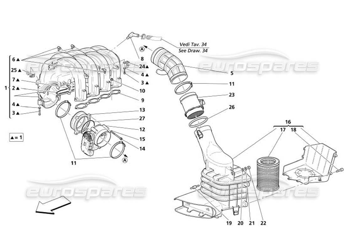 maserati 4200 gransport (2005) diagrama de piezas del colector de admisión de aire