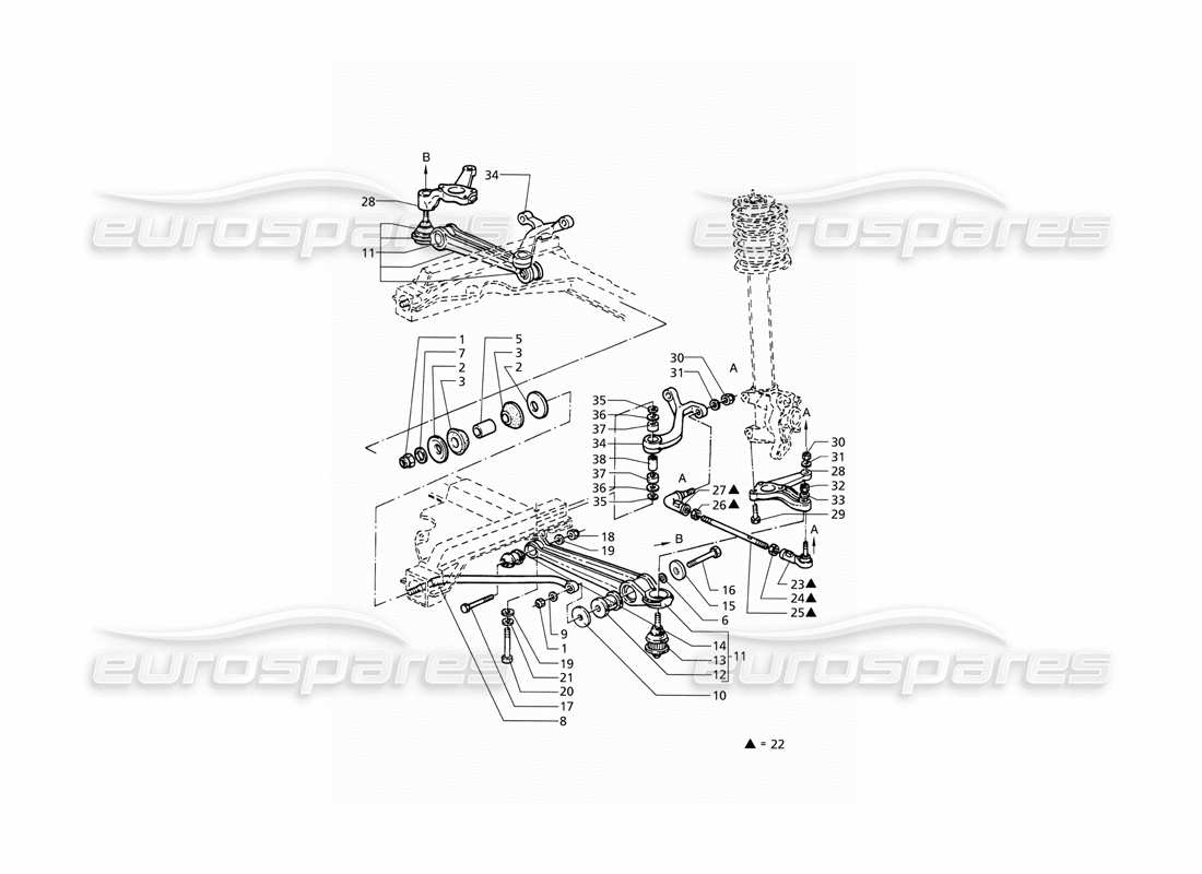 maserati qtp v6 (1996) diagrama de piezas de la suspensión delantera