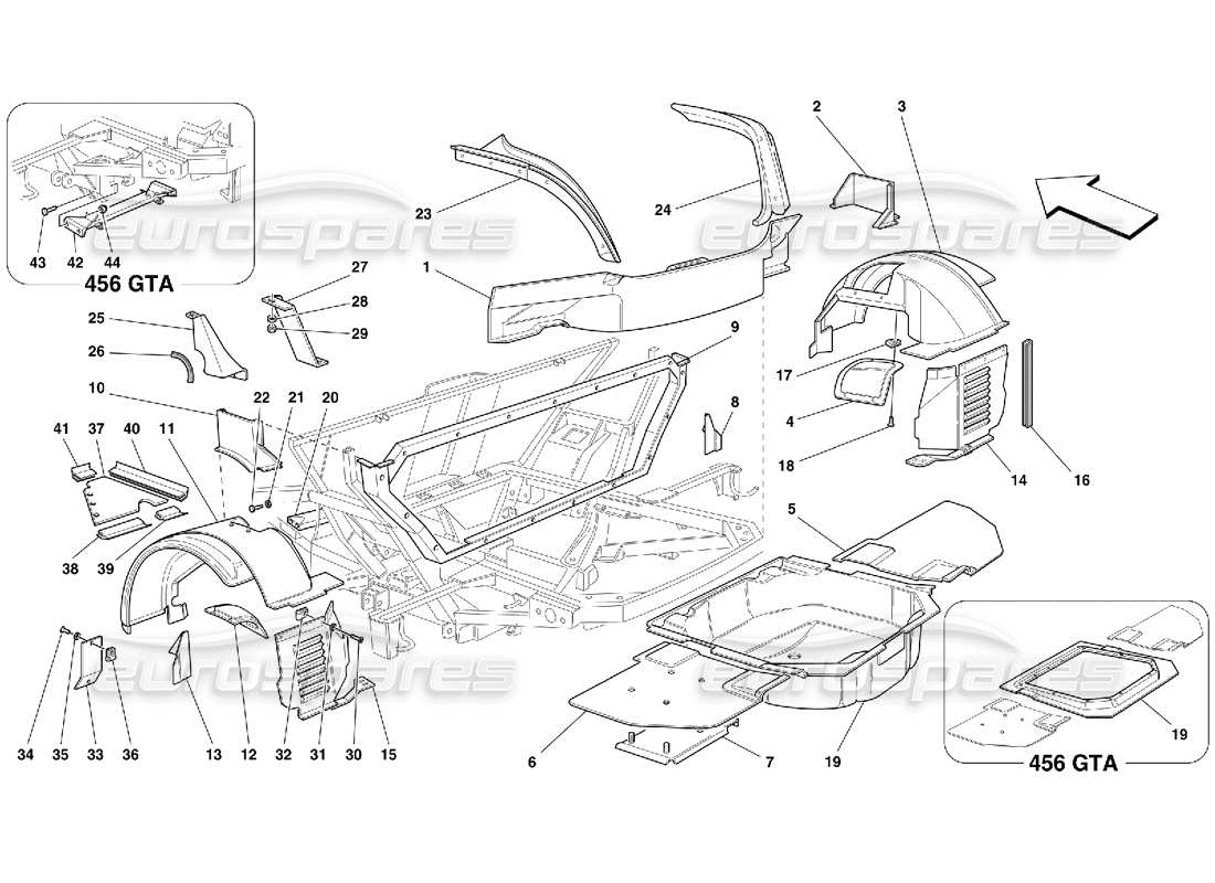 ferrari 456 gt/gta diagrama de piezas de estructuras y componentes traseros