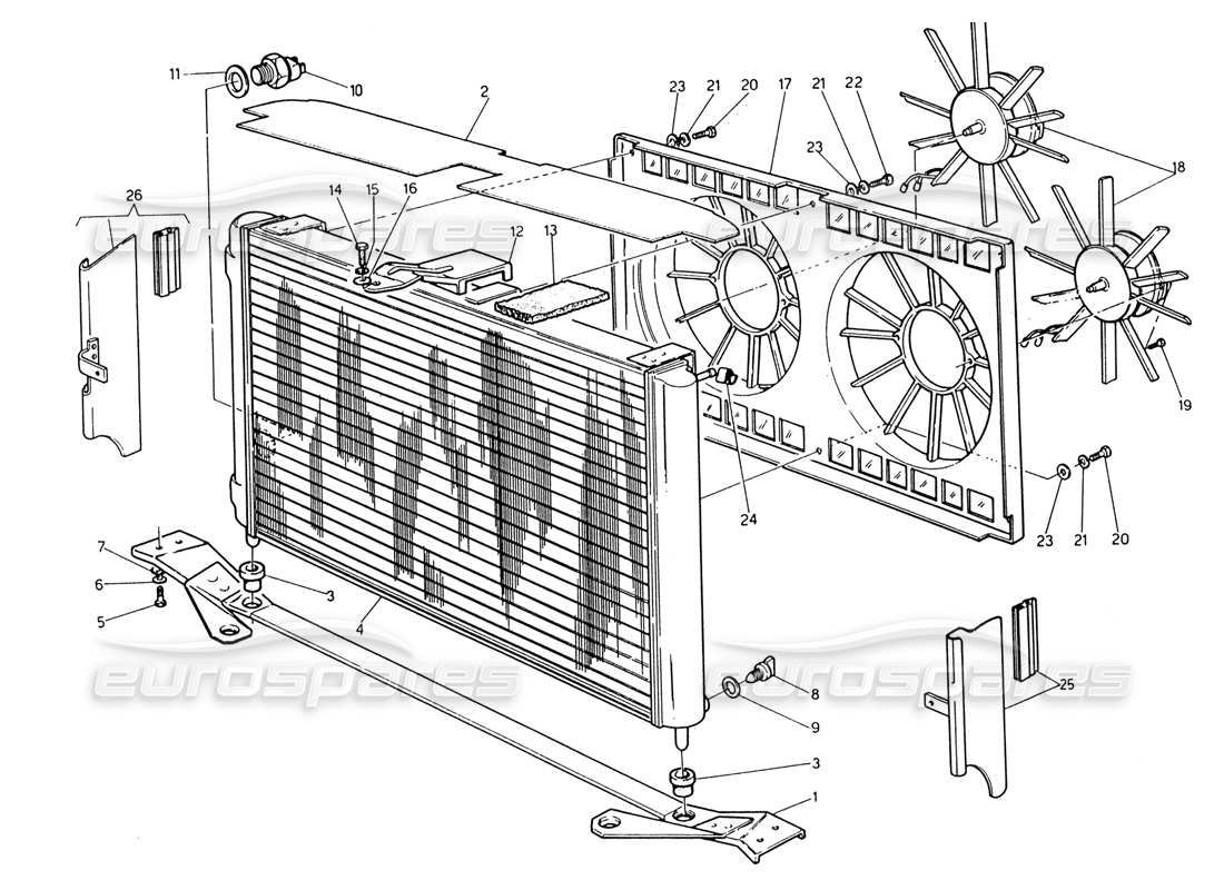 maserati 222 / 222e biturbo diagrama de piezas del radiador y los ventiladores de refrigeración