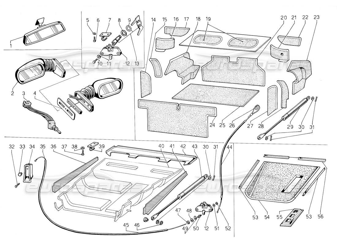 lamborghini jalpa 3.5 (1984) capós de compensación de motor y equipaje diagrama de piezas