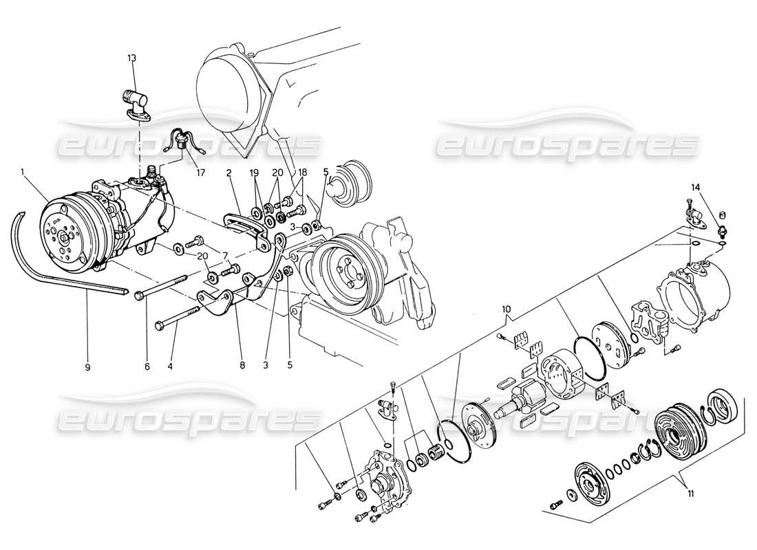 maserati 222 / 222e biturbo compresor de aire y soportes diagrama de piezas