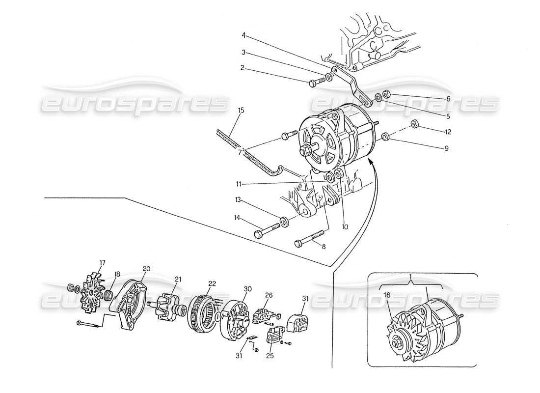 maserati karif 2.8 diagrama de piezas del alternador y soporte