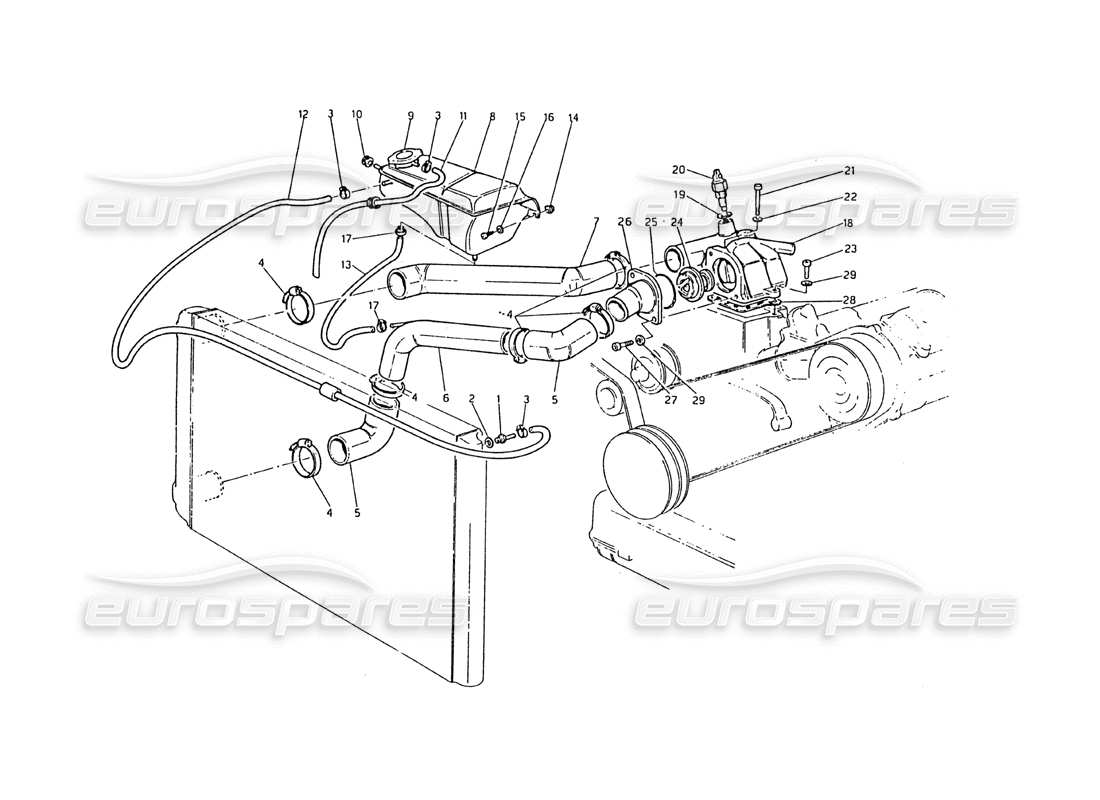 maserati biturbo 2.5 (1984) diagrama de piezas del termostato y tuberías de refrigeración del motor