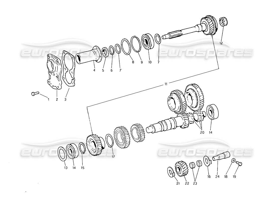 maserati biturbo 2.5 (1984) diagrama de piezas del eje intermedio de transmisión y del eje de toma de fuerza directa