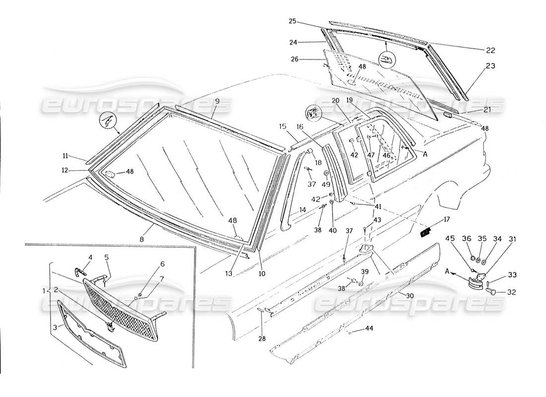 maserati karif 2.8 diagrama de piezas de rejilla del radiador, embellecedores y cristales fijos