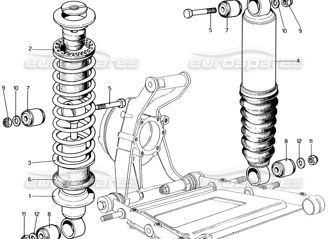 ferrari 365 gt4 2+2 (1973) suspensión trasera: diagrama de piezas del amortiguador y de la unidad autonivelante