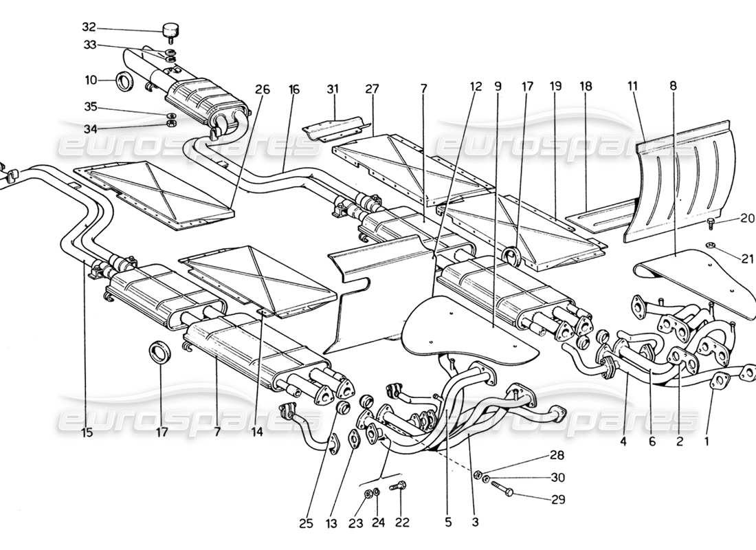 ferrari 365 gt4 2+2 (1973) diagrama de piezas del colector de escape y de las tuberías