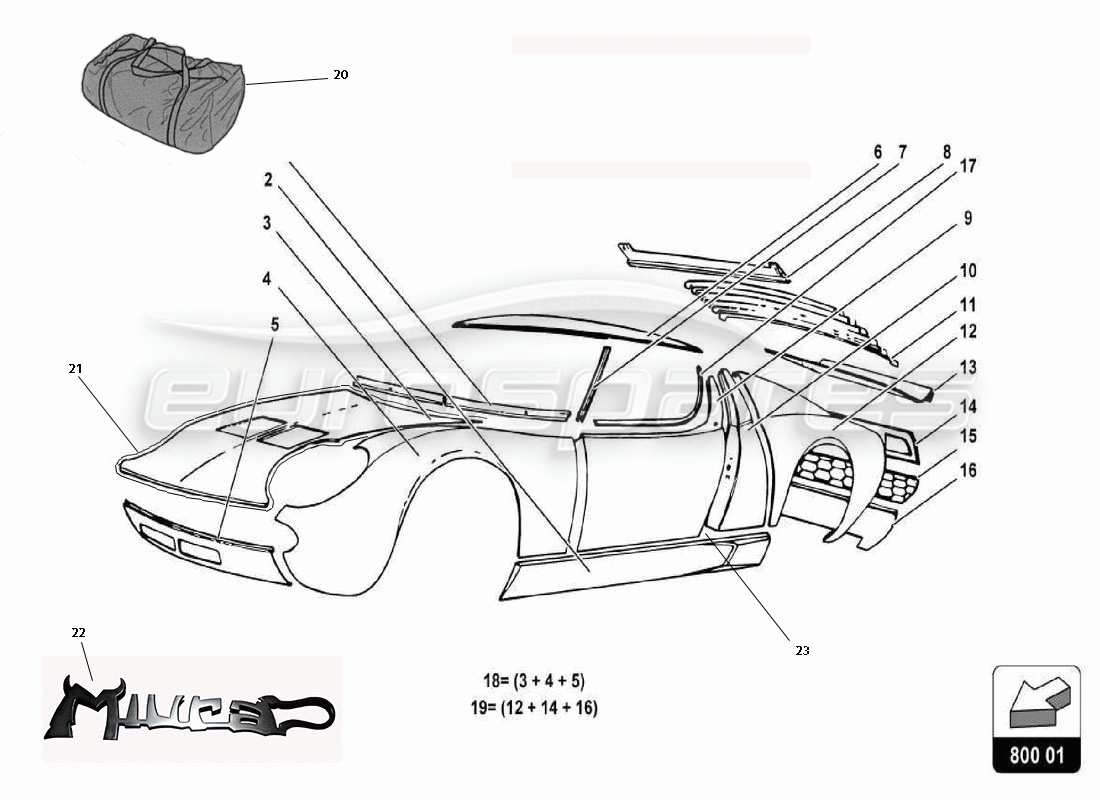 lamborghini miura p400 diagrama de partes del cuerpo