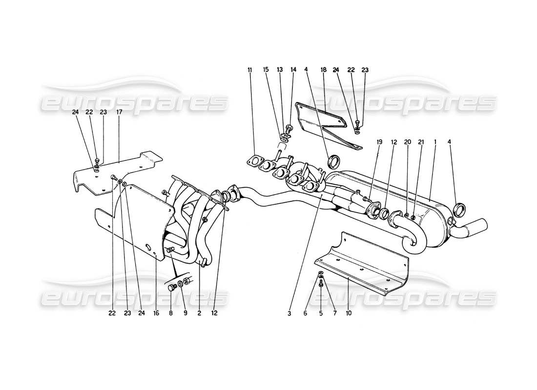 ferrari 208 gt4 dino (1975) sistema de escape diagrama de piezas