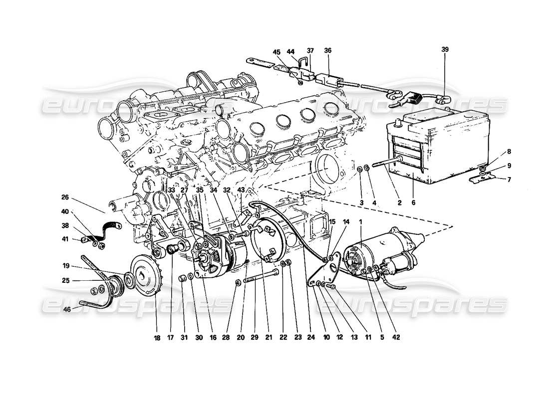 ferrari 308 quattrovalvole (1985) sistema de generación eléctrica (motor con correa única) diagrama de piezas