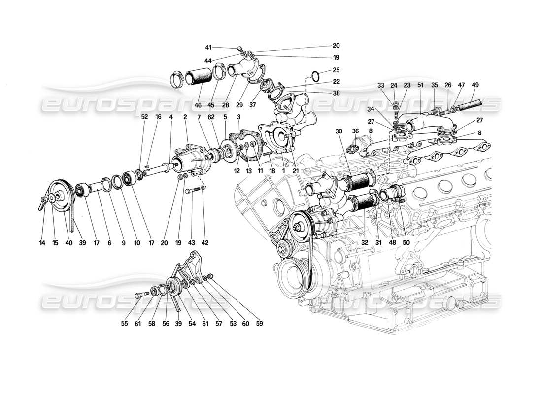ferrari mondial 3.0 qv (1984) diagrama de piezas de bomba de agua y tuberías