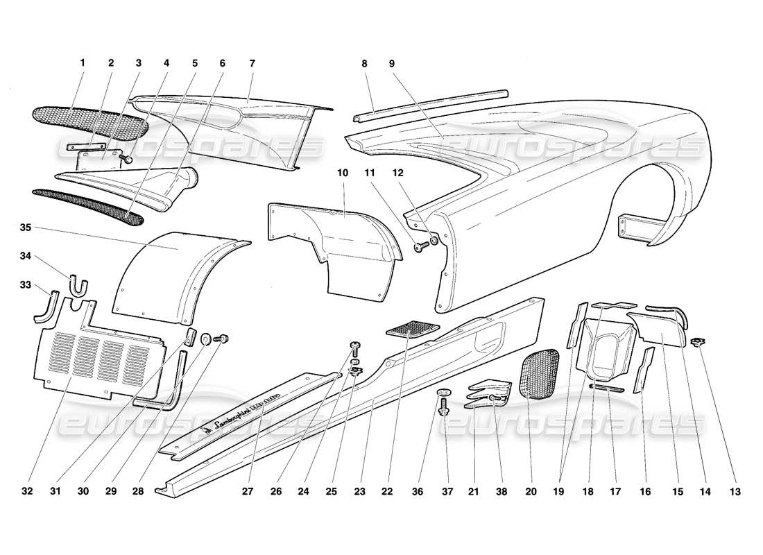 lamborghini diablo vt (1994) elementos de la carrocería: diagrama de piezas del flanco izquierdo