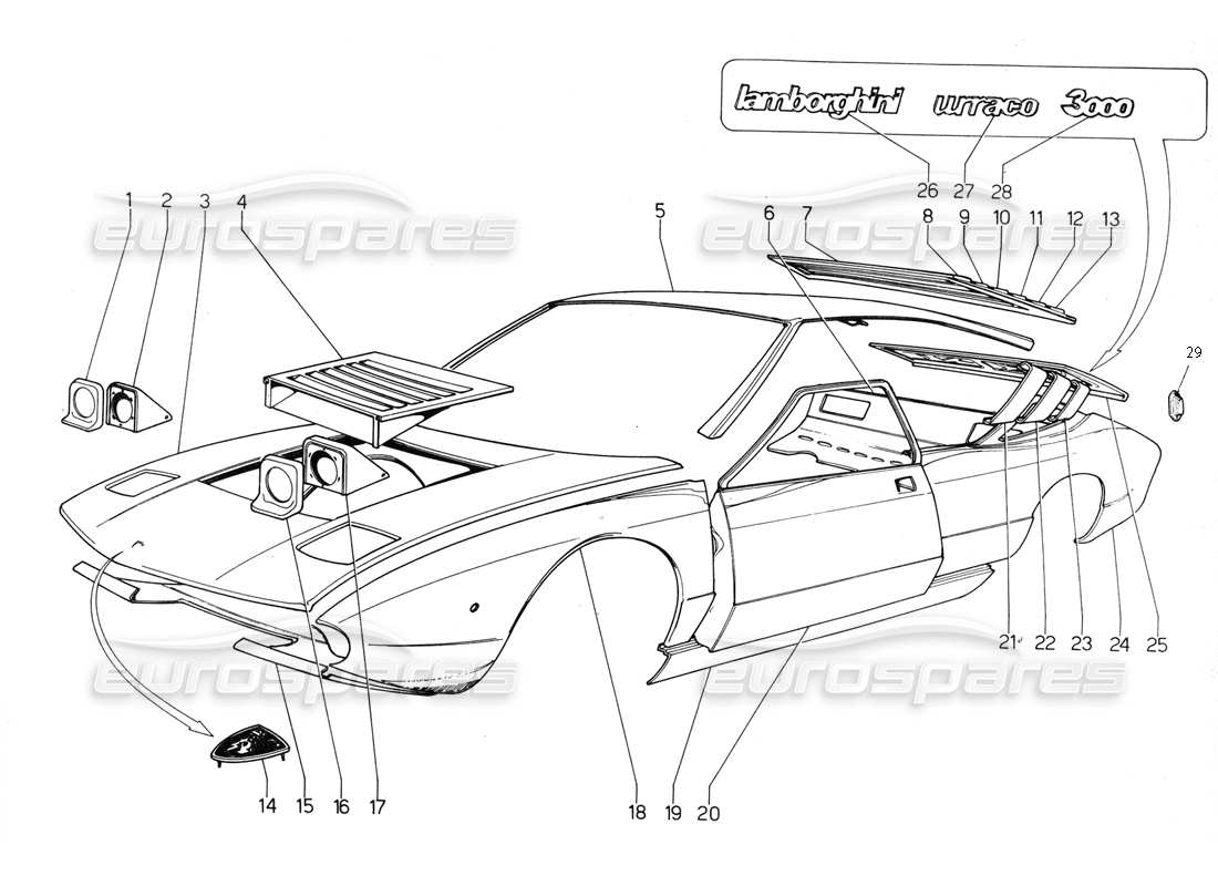 lamborghini urraco p300 diagrama de piezas de revestimientos exteriores