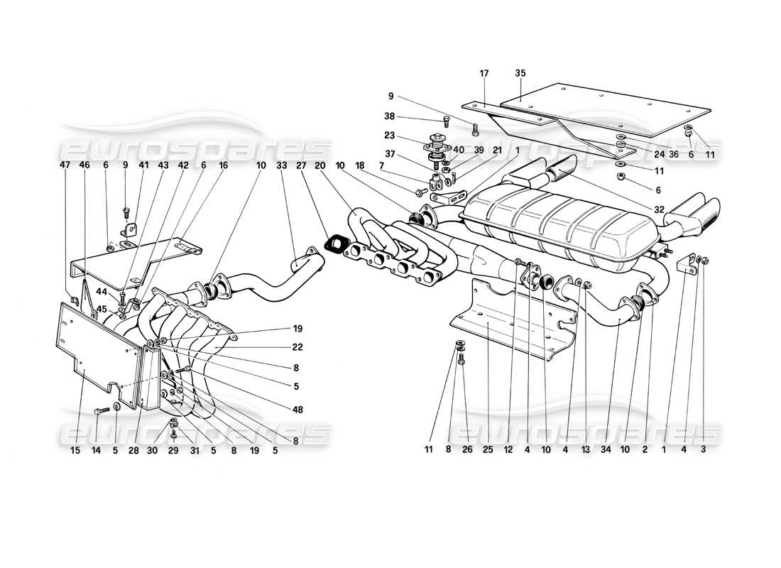 ferrari mondial 3.0 qv (1984) diagrama de piezas del sistema de escape