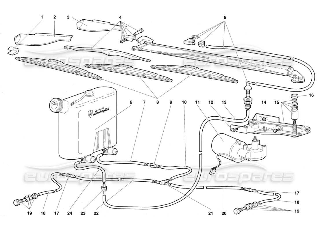 lamborghini diablo vt (1994) limpiaparabrisas y lavafaros diagrama de piezas