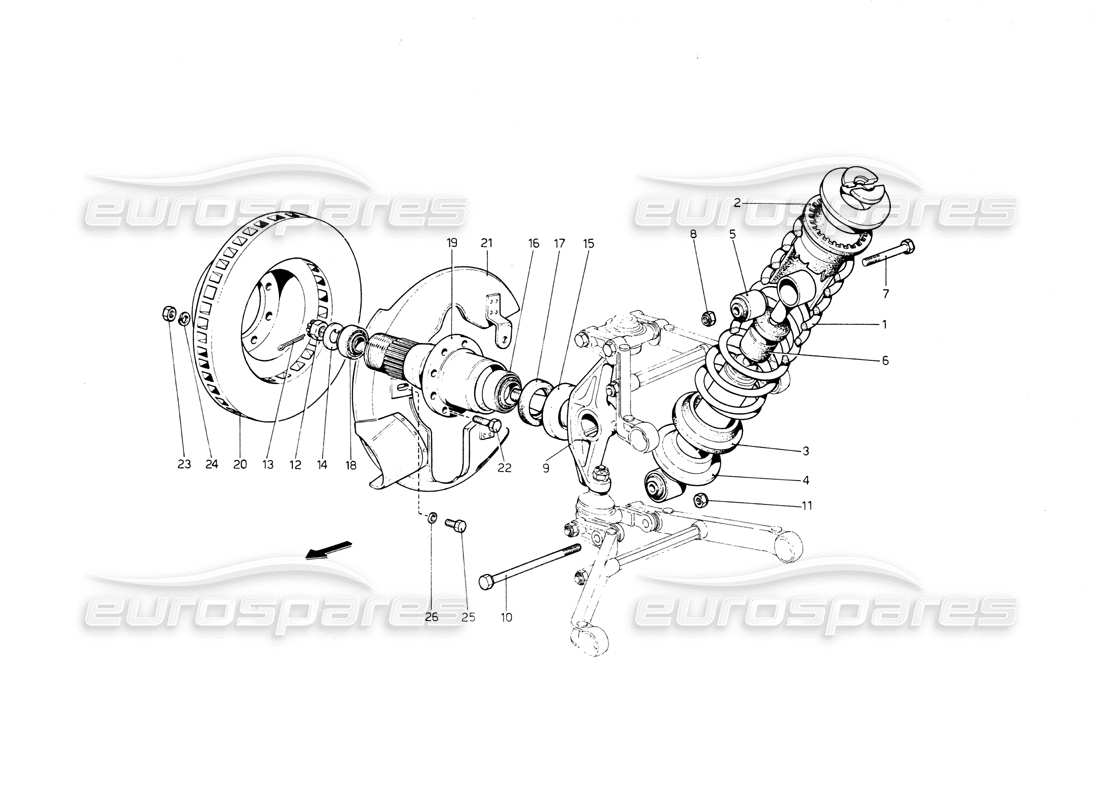 ferrari 512 bb suspensión delantera. diagrama de piezas del amortiguador