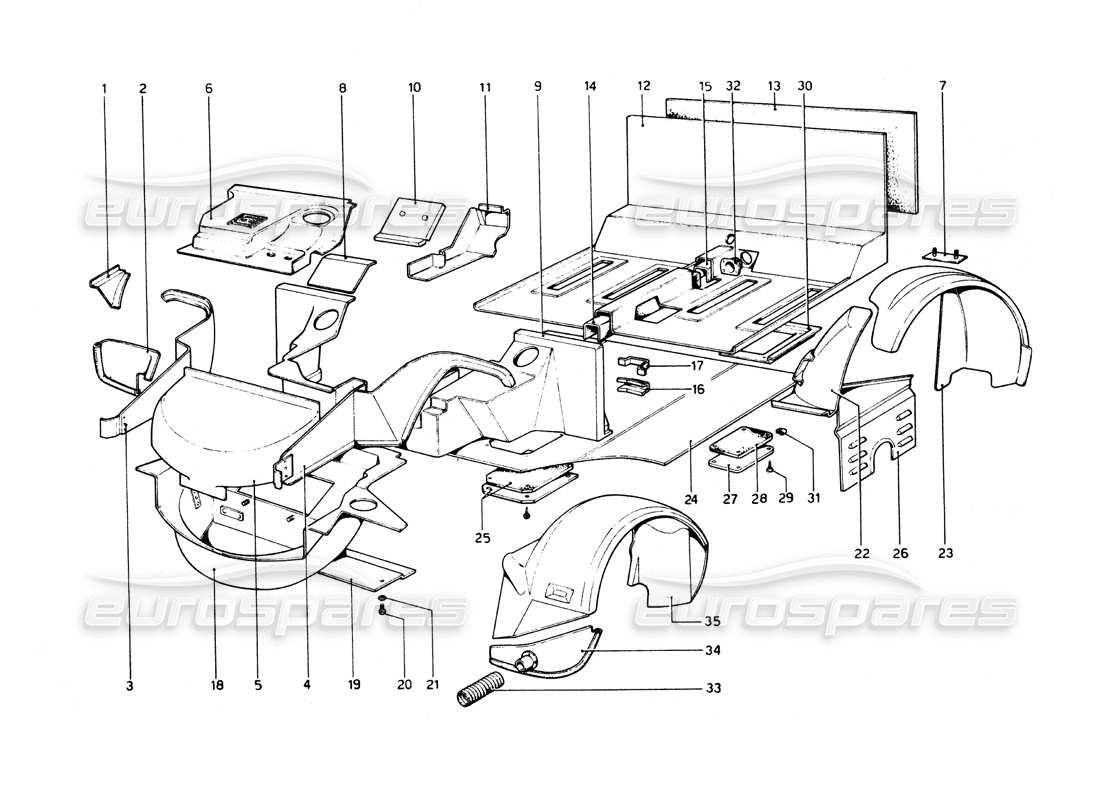 ferrari 512 bb carrocería - elementos internos diagrama de piezas