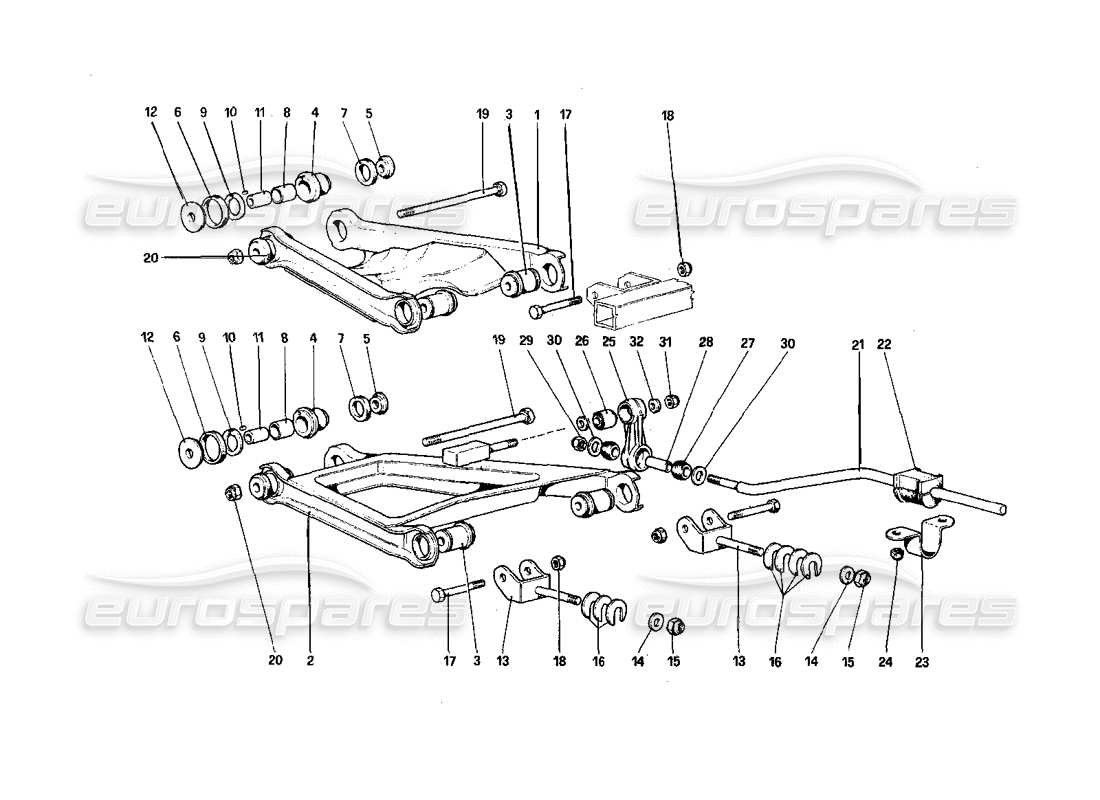 ferrari 308 quattrovalvole (1985) suspensión trasera - diagrama de piezas de horquillas