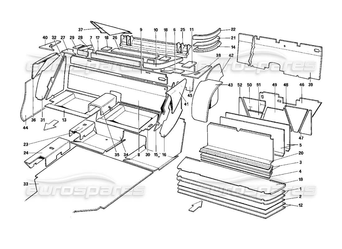 ferrari mondial 3.0 qv (1984) diagrama de piezas del aislamiento del compartimento de pasajeros y equipaje