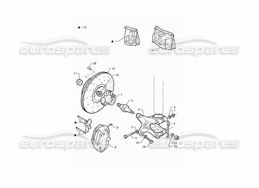 maserati qtp v6 (1996) diagrama de piezas de bujes y frenos delanteros con abs