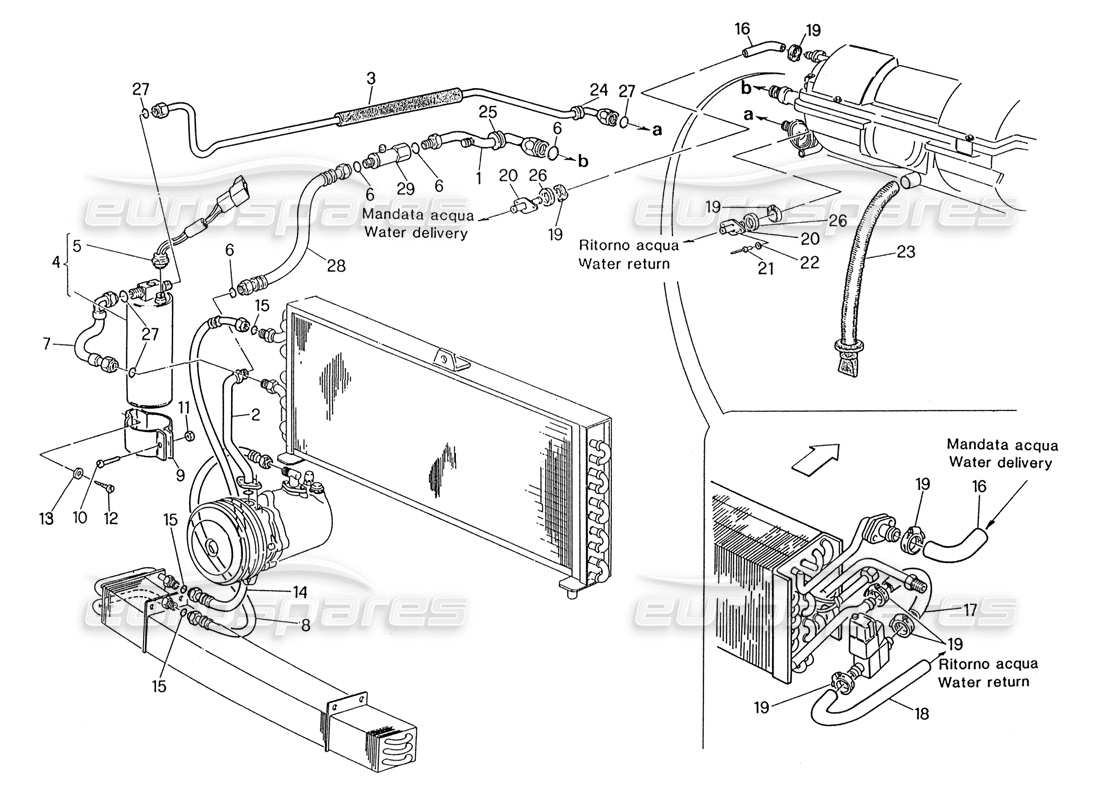 maserati 222 / 222e biturbo diagrama de piezas de dirección izquierda del sistema de aire acondicionado (premodificación)