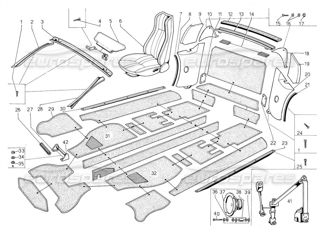 lamborghini jalpa 3.5 (1984) diagrama de piezas de asientos, accesorios y adornos