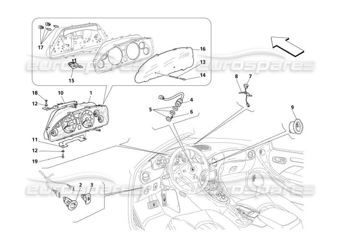 maserati 4200 spyder (2005) instrumentos del tablero diagrama de piezas