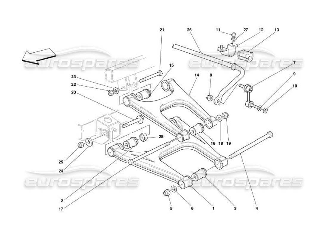 ferrari 550 barchetta suspensión trasera: diagrama de piezas de brazos oscilantes y barra estabilizadora