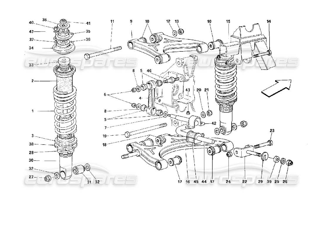 ferrari 512 tr suspensión trasera: diagrama de piezas de horquillas y amortiguador
