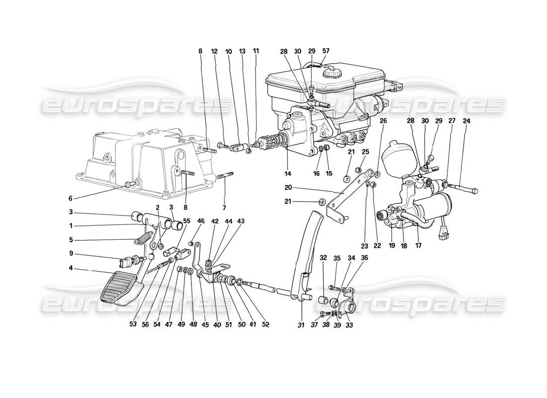 ferrari mondial 3.2 qv (1987) diagrama de piezas del sistema hidráulico de frenos y control del acelerador (para automóviles con sistema antideslizante - variantes para la versión rh d)