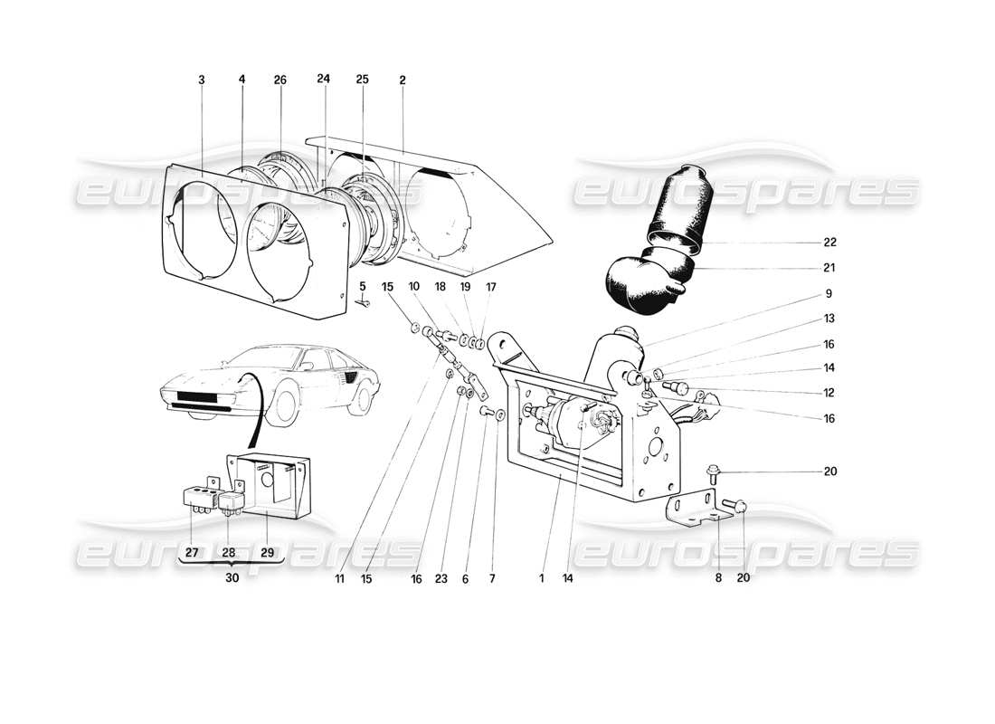 ferrari mondial 3.2 qv (1987) dispositivo de elevación de faros y diagrama de piezas de faros