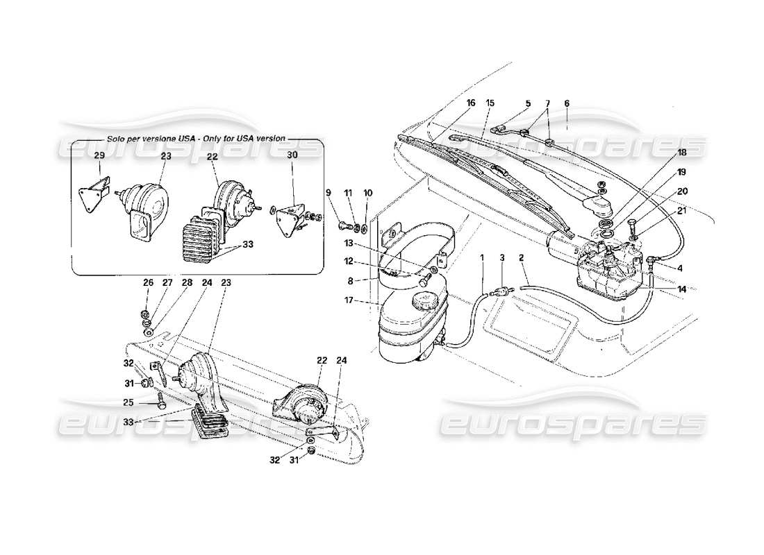 ferrari f40 diagrama de piezas de limpiaparabrisas y bocinas