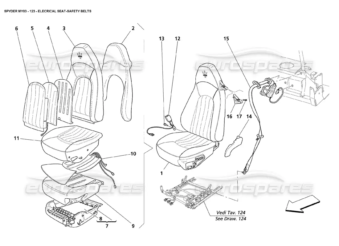 maserati 4200 spyder (2003) asiento eléctrico - cinturón de seguridad diagrama de piezas