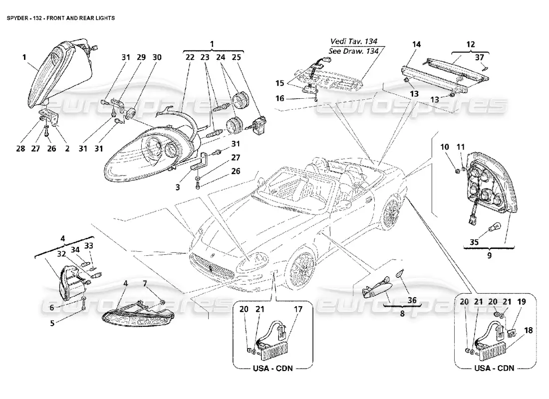 maserati 4200 spyder (2002) diagrama de piezas de las luces delanteras y traseras