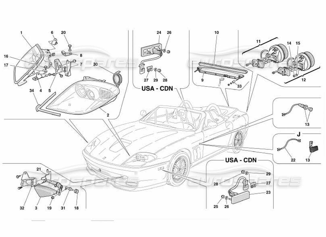 ferrari 550 barchetta diagrama de piezas de las luces delanteras y traseras