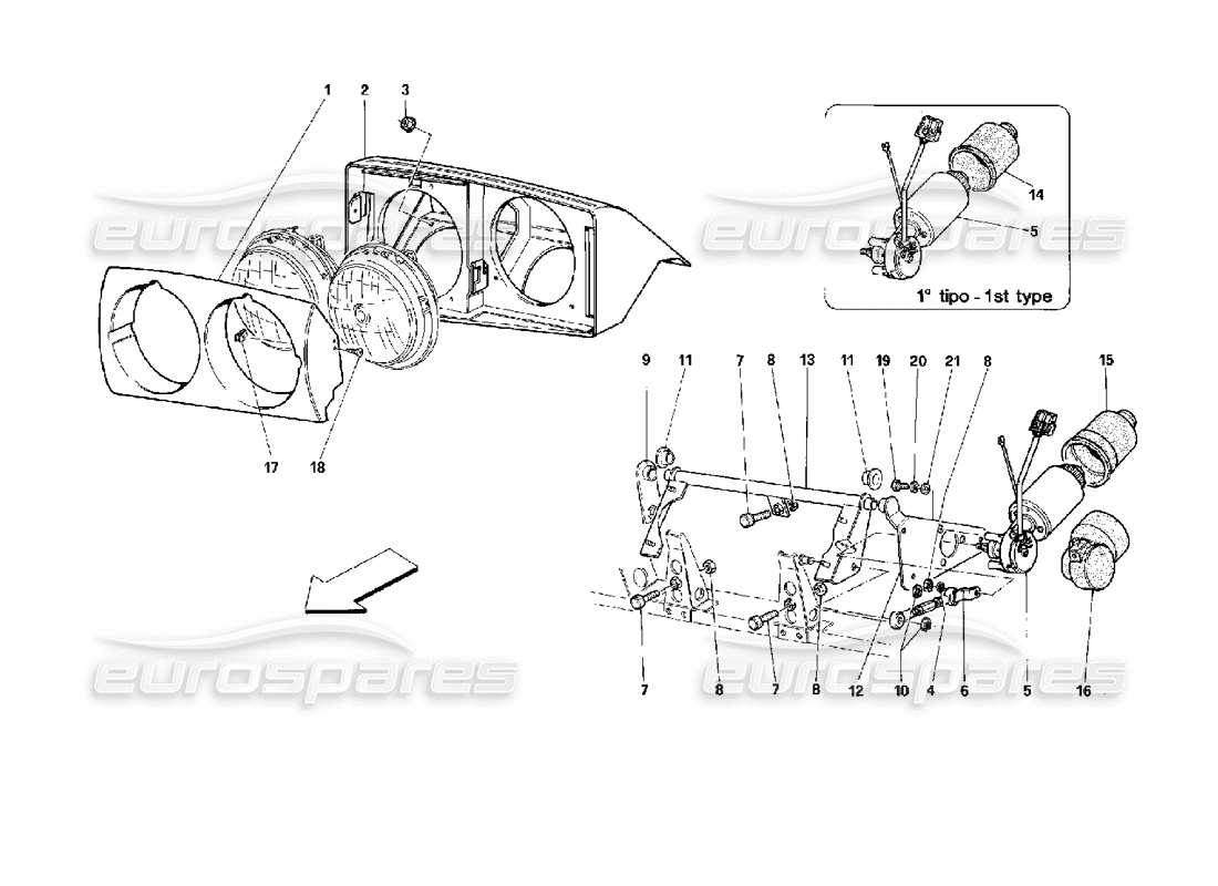 ferrari 512 tr diagrama de piezas del dispositivo de elevación del faro delantero