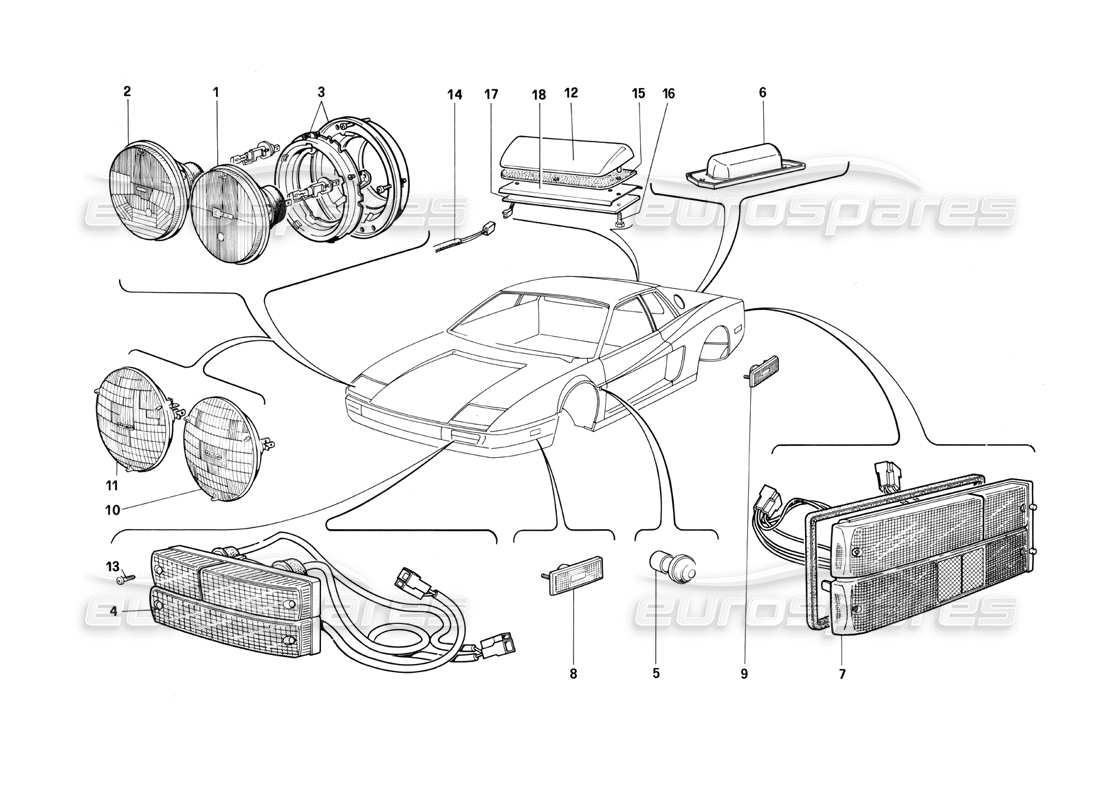 ferrari testarossa (1990) lámparas diagrama de piezas