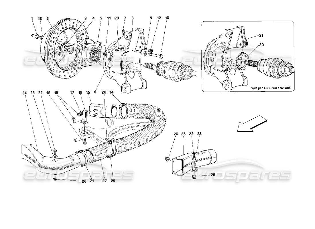 ferrari 512 tr suspensión trasera - diagrama de piezas del disco de freno