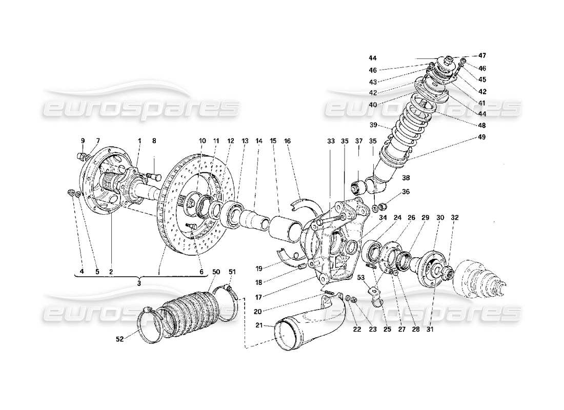 ferrari f40 suspensión trasera: amortiguador y disco de freno diagrama de piezas