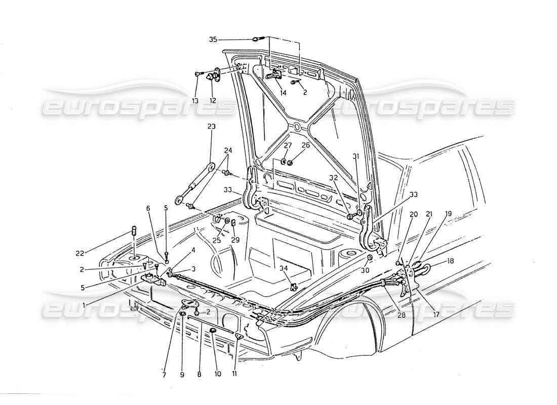 maserati biturbo 2.5 (1984) capó: bisagras y liberación del capó diagrama de piezas