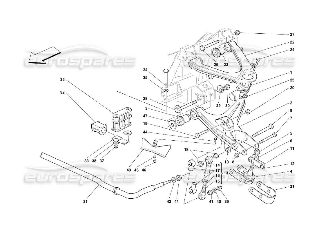 ferrari 456 gt/gta suspensión delantera: diagrama de piezas de brazos oscilantes y barra estabilizadora