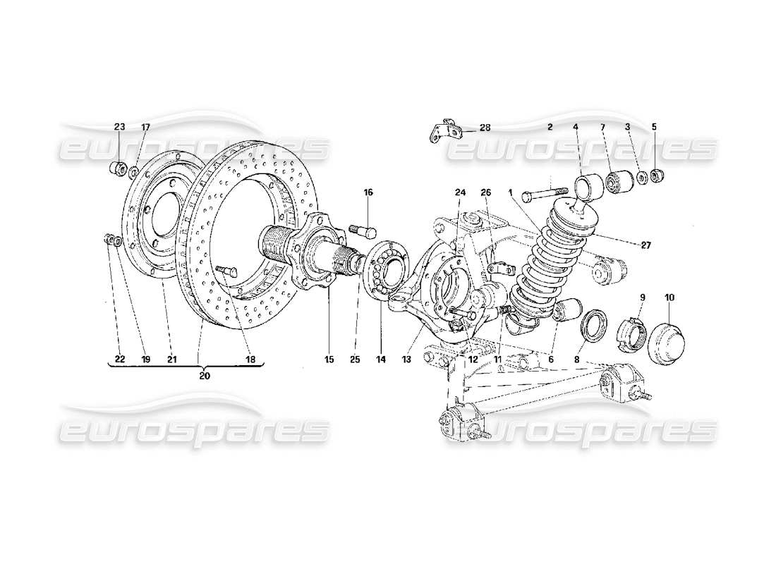 ferrari f40 suspensión delantera - amortiguador y disco de freno diagrama de piezas