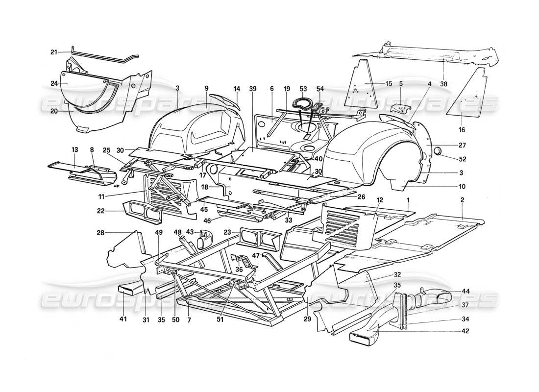 ferrari 288 gto carrocería - elementos internos diagrama de piezas